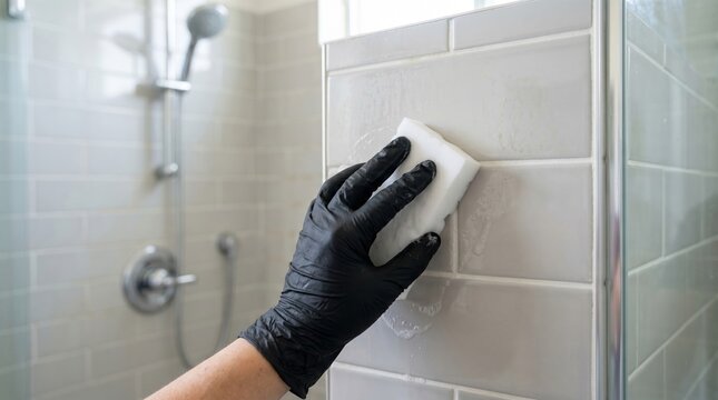 Person in black glove cleaning shower tiles with a magic eraser sponge shower head cleaning scrubbing domestic