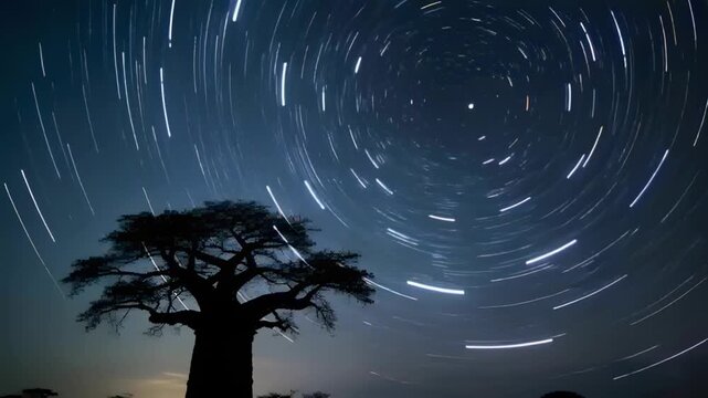 Camera recording time-lapse on open plain, capturing baobab silhouette, pivot star and star trails