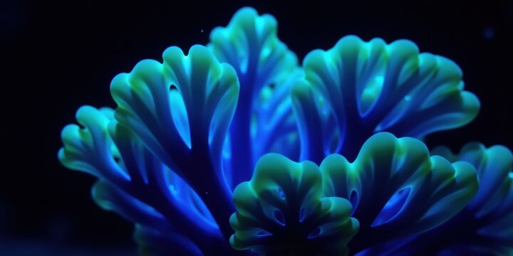 Bioluminescent coral glows in dark water. Glowing organic structure displays turquoise light. Neon marine life illuminates the deep sea. Biological organism features glowing turquoise branches.