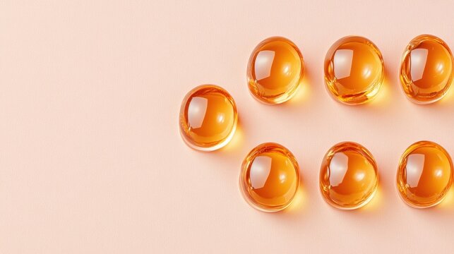 Eight round translucent amber capsules arranged on a smooth pink surface.