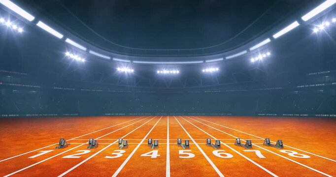 Athletics running track at a sports stadium in foggy weather with shining floodlights and fans ready for an upcoming nighttime sports event. Loopable professional sports advertisement video background