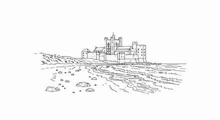 Obraz premium A medieval castle stands by the sea on a rocky shore with waves