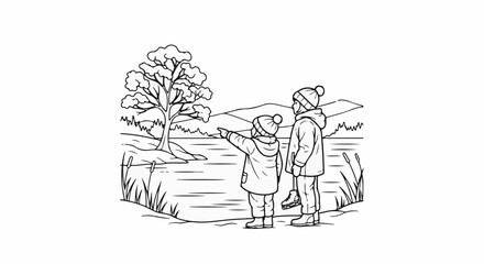 Obraz premium Two children in winter clothing by a lake, one pointing