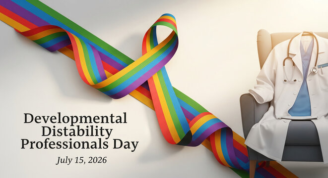 A rainbow ribbon cascades over a white background, with a lab coat and stethoscope draped over a chair, symbolizing support for developmental disability professionals.