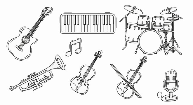 Collection of musical instruments and symbols in a doodle art style