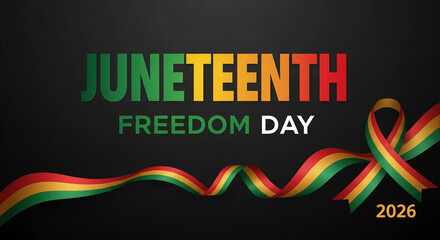 Juneteenth Freedom Day text with red, yellow, green ribbon and year 2026 on black background, symbolizing liberation and heritage