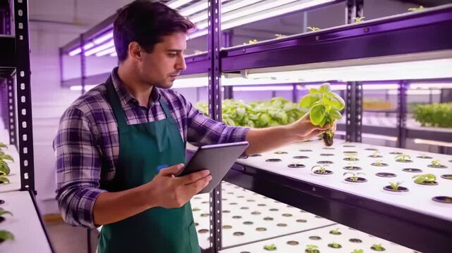 Inspecting tech in green apron after tablet cue, lifting plant, checking root plug in vertical farm