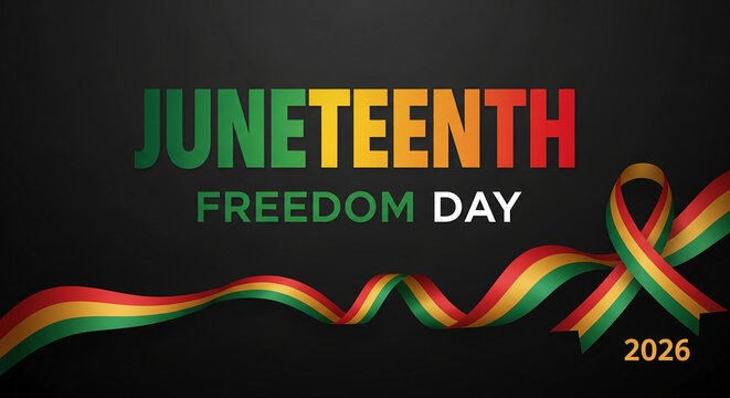 Juneteenth Freedom Day text with red, yellow, green ribbon and year 2026 on black background, symbolizing liberation and heritage