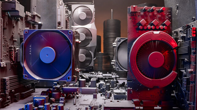 Closeup of motherboards with computer electronics parts and fans.