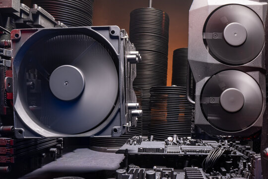 Few motherboards with processor and graphics card.