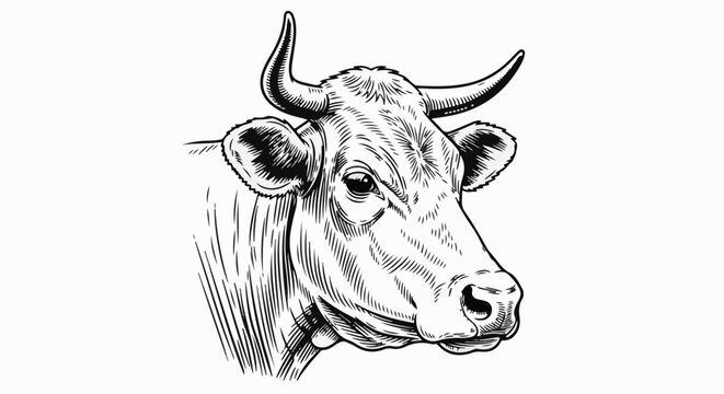 A detailed, hand-drawn black and white illustration of a cow's head with prominent horns