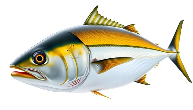 A hyperrealistic marine anatomy rendering of a streamlined yellowtail/amberjack with metallic silver sides, golden-yellow dorsal surface, and upright spiny dorsal fin. Forked tail emphasizes pelagic s
