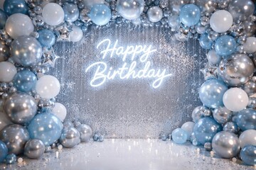 Fototapeta premium Neon text and silver blue balloons decorating birthday photo area with ample copy space