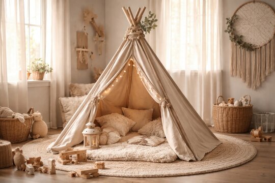 Nordic decor themed beige wigwam mounted on floor for kids