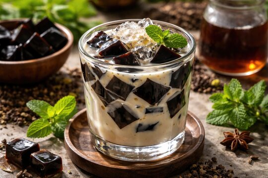 Cooling herbal sweet treat with grass jelly and nourishing Mesona Chinensis milk