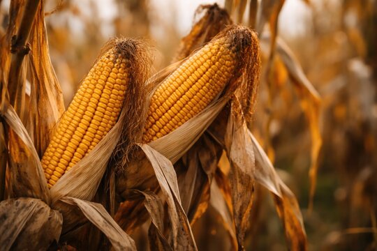 Focused image of yellow corn ears on dried autumn plants in a rural field with a gentle blurred background effect