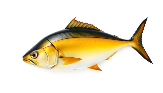 A hyperrealistic marine anatomy rendering of a streamlined fish with metallic golden-yellow sides, darker dorsal shading, and silvery undertones. Pointed head, large eye, and forked tail emphasize pel