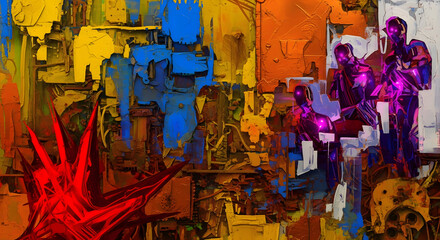 Fototapeta premium Colorful Geometric Abstract Painting with Heavy Outlines and Vibrant Warm Tones