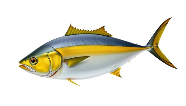 A hyperrealistic marine anatomy rendering of a streamlined yellowtail/amberjack with metallic blue-gray dorsal surface, silvery-white underside, and a vivid yellow horizontal stripe running along its 