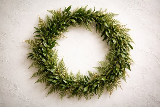 Elegant vintage foliage wreath with italian ruscus and fern twigs on white