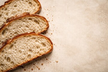 Naklejka premium Close overhead image of large bread slices on muted cream textured background with copy space