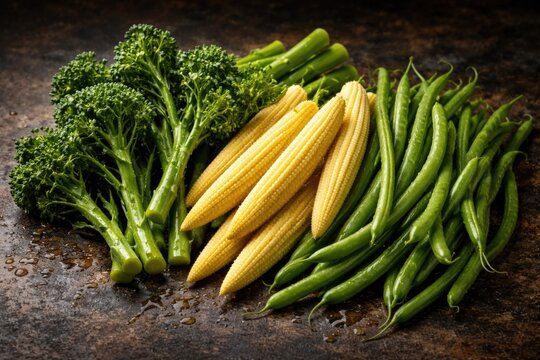 Fresh colorful broccolini baby corn and green beans composition on a deep textured background