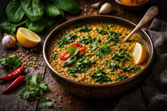Indian vegetarian curry mung dhal palak with vibrant spinach on textured dark wooden surface copy space