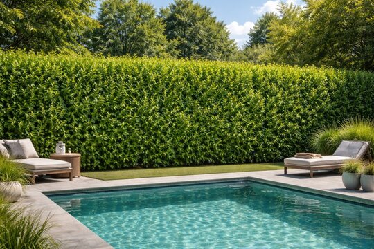 Lush cherry laurel hedge acting as green privacy barrier for outdoor garden pool