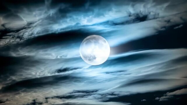 Playback showing full moon holding center while thin clouds drifting at night, watermark appearing