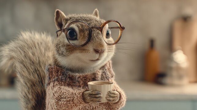 Smart squirrel wearing glasses holding coffee cup close up image