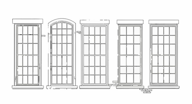Architectural line art illustration of five multi-paned windows in a row