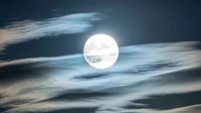 Shining bright nearly full moon showing halo changes in night sky, light breeze shifting clouds