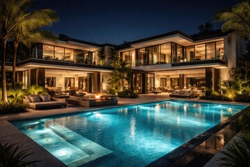 Fototapeta premium Luxury modern house featuring a radiant pool after dark