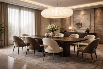 Fototapeta premium Elegant dining space highlighting a wide table, artistic chair designs, and a large pendant lamp mockup