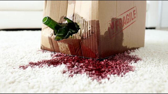 Broken wine bottle inside cardboard box labeled fragile. Damaged package during relocation. Messy spill on rug representing failed moving and home transport mishap.