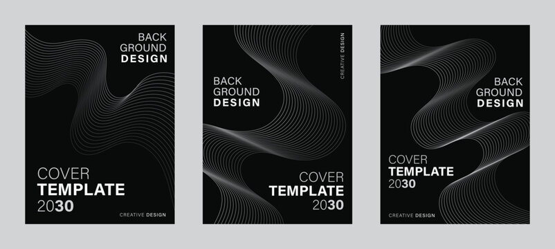 Dark Minimalist Abstract Poster Designs, Luxury Black Background with Fluid Gray Wave Lines, Modern Elegant Cover Templates for Corporate Business and Tech Presentations
