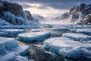Obraz premium Chilly landscape with ice floes drifting beside frozen rocky formations
