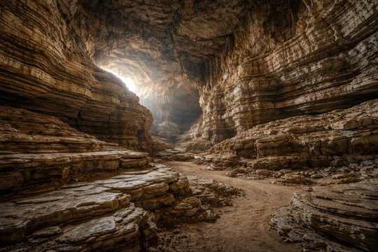 Interior view of a vast limestone cave with layered sediment textures
