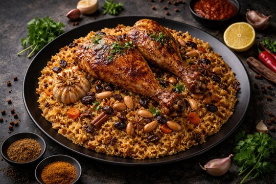 Dark concrete backdrop showcasing a black plate of chicken kabsa with garlic, almonds, and raisins in a traditional Arabian style