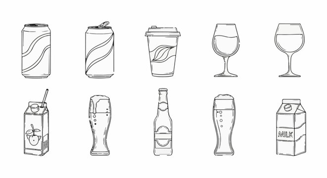 Diverse beverage containers including cans, glasses, cartons, and bottles