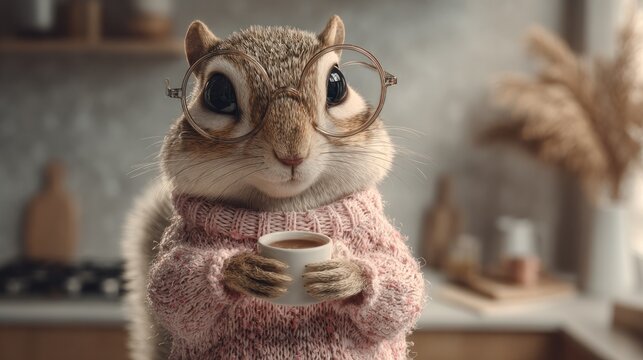 Smart squirrel enjoys coffee in cozy setting