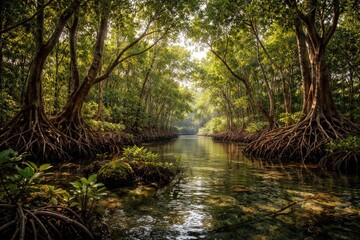 Obraz premium Ecological mangrove forest with abundant mangrove tree growth