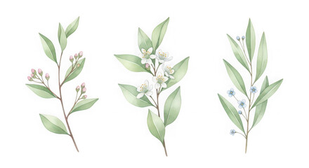 Fototapeta premium A collection of three delicate watercolor botanical branches featuring green leaves and soft buds
