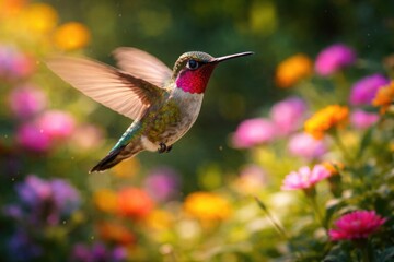 Obraz premium Anna hummingbird in flight with wings blurred over colorful garden