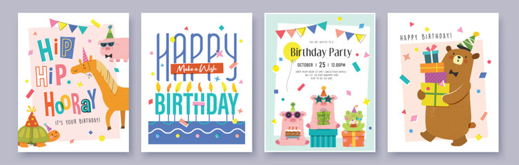 Set of Birthday greeting card with cute cartoon character animals, presents and colorful confetti. © LittleWhale