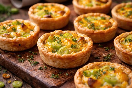 Delectable miniature quiches featuring rich cheddar and sliced leeks