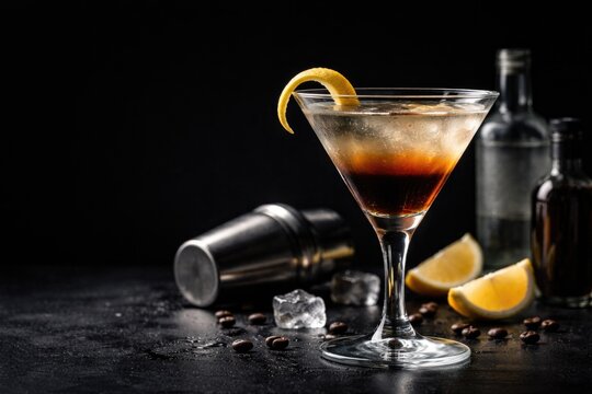 Black background horizontal shot of silver bullet cocktail with lemon gin and coffee liqueur and copy space