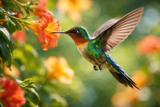Lively swallowtail hummingbird drinking nectar during bright daylight