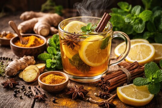 Healing winter tea with turmeric ginger lemon mint and spices to enhance immune system