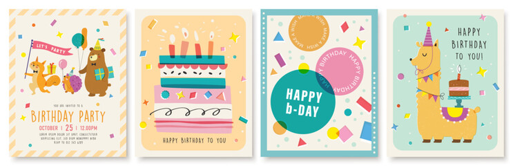 Set of Birthday greeting card with cute little llama, fox, hedgehog, bear, cakes and colorful confetti. © LittleWhale